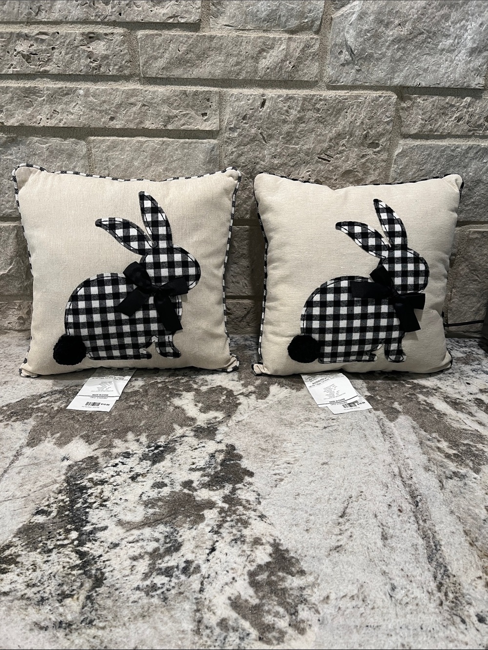 NEW Pair of Pier 1 Black and Cream Gingham Bunny Accent Pillows